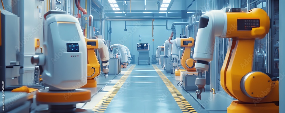 Poster futuristic robotic manufacturing facility with advanced machines performing automated tasks in a str