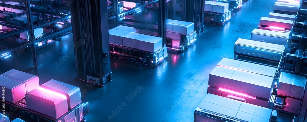 Poster futuristic warehouse environment showcasing automated systems and illuminated storage. efficient log