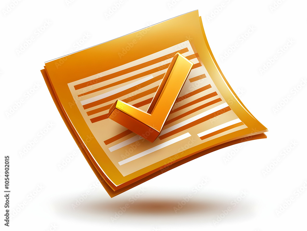 Poster flat floating checkmark glowing document concept for task completion productivity innovation project