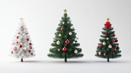 Three festive Christmas trees with different decorations, classic green, snowy white and festive red and white tree
