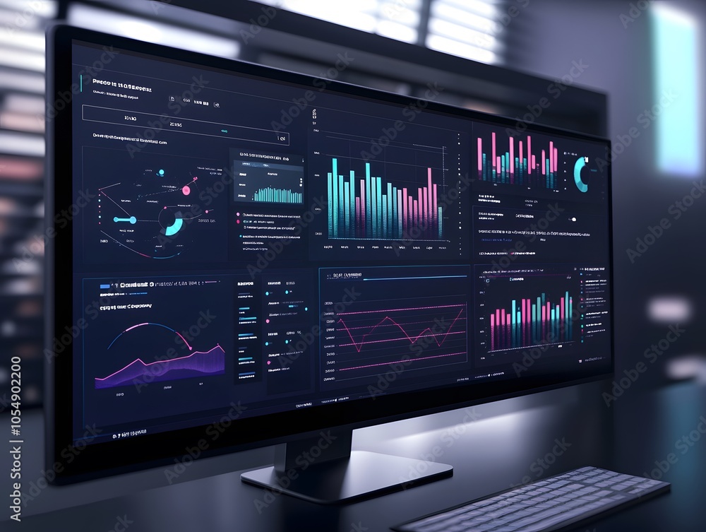 Poster modern computer monitor displaying vibrant data analytics and graphs in a sleek, dark interface, ide