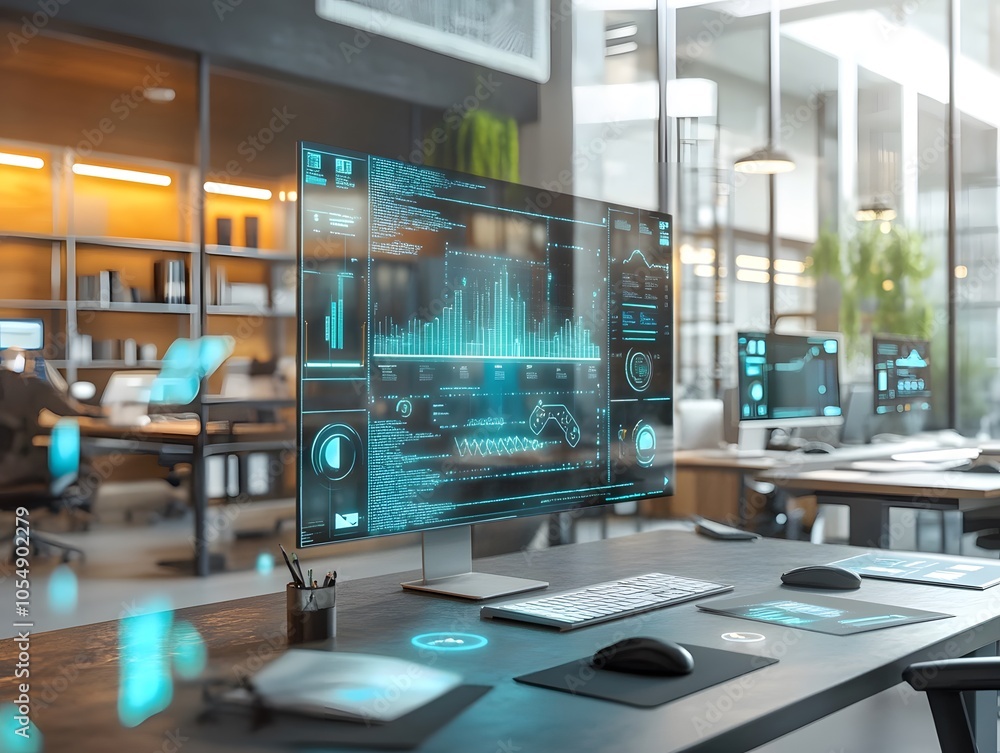Poster modern office workspace featuring a futuristic computer with a data visualization display and sleek 