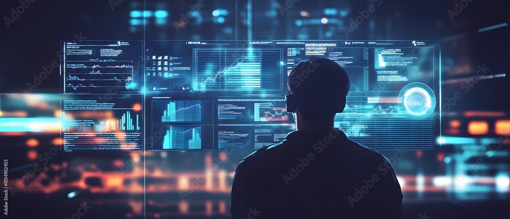 Poster person observing data analytics and digital visualization on a futuristic display, representing tech