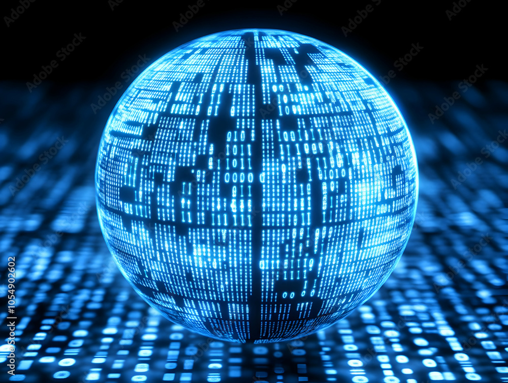 Aufkleber flat floating globe icon with glowing data network overlay, representing global trends, technologica