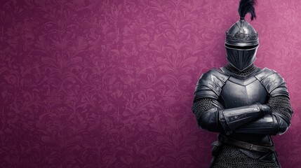 Epic fantasy knight standing proudly with intricate helmet design against a regal purple background