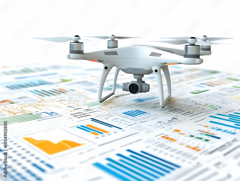Poster flat floating holographic drone glowing ai analytics growth charts futuristic design minimalist clea