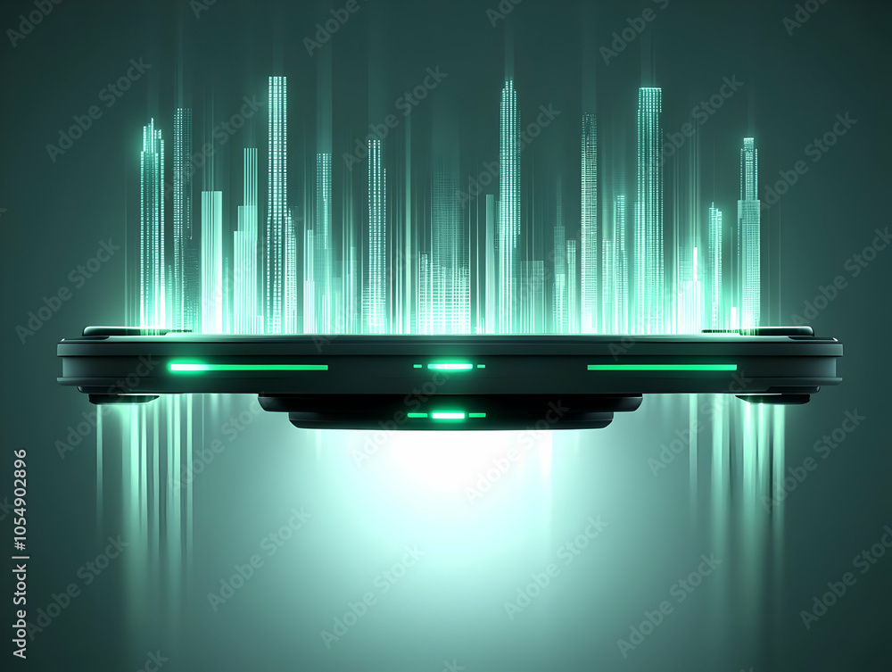 Poster futuristic flat floating holographic drone projecting glowing ai analytics growth charts minimalist 