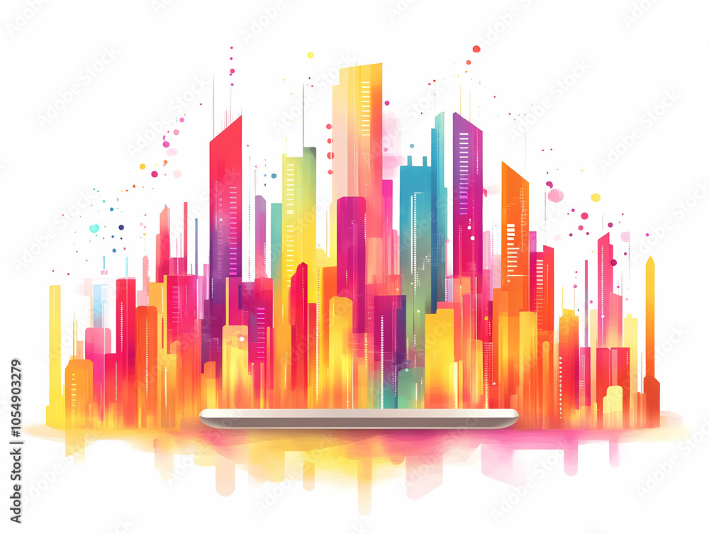 Aufkleber flat floating holographic tablet projecting ai data charts growth trends minimalist design copy spac
