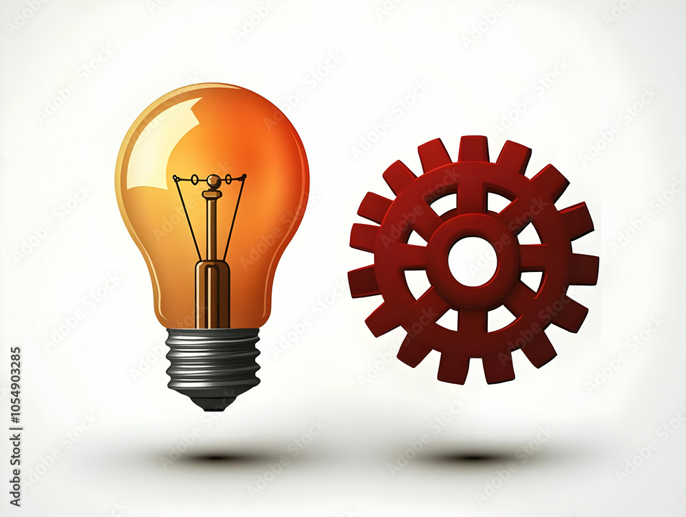 Poster flat floating lightbulb cogwheel icon concept � glowing icon pairing symbolizing innovation mastery 
