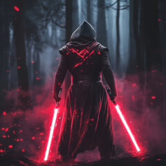 hooded figure stands in dark forest with two red lightsabers ignited, sense of power and mystery fills air