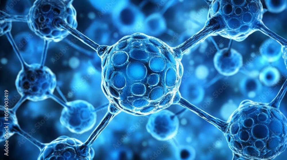 Poster a close-up view of interconnected blue molecules, highlighting the complex structure and vibrant col