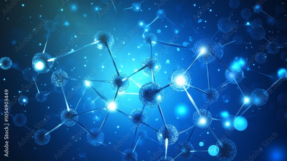 Poster a vibrant, abstract representation of molecular structures with glowing particles on a blue backgrou