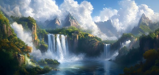 A breathtaking landscape featuring cascading waterfalls surrounded by lush greenery and majestic mountains under a dramatic sky.