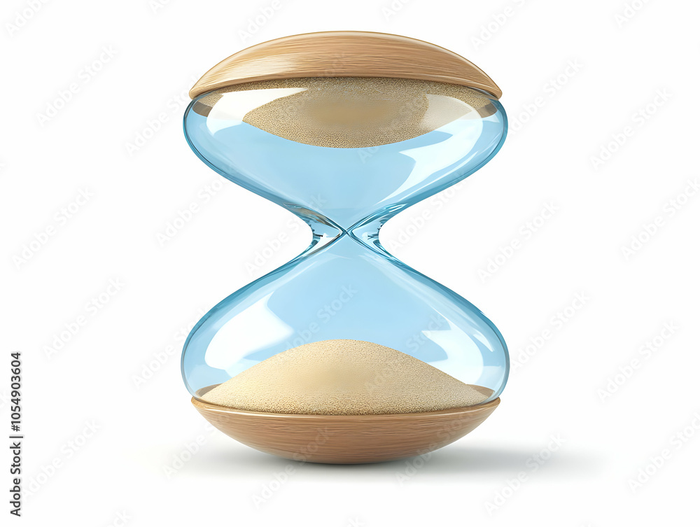 Poster flat floating hourglass with glowing sand particles - mastery over time and productivity trends in s