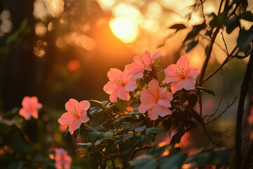 Pink flowers blooming in warm sunset light