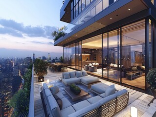 Fototapeta premium Luxurious balcony overlooking a city skyline at dusk, featuring modern furniture and greenery.