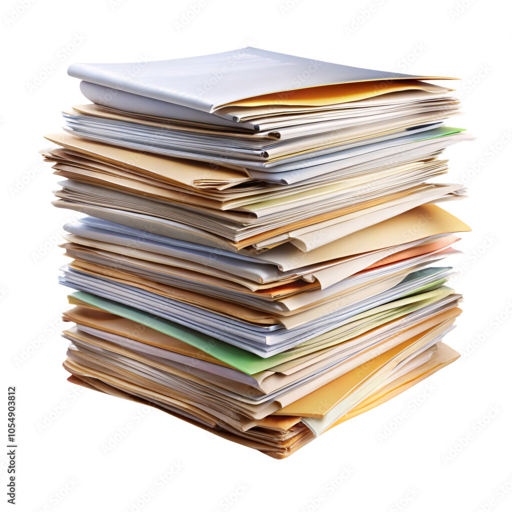 Poster a large stack of colorful folders, neatly piled high, containing various documents, set against a tr