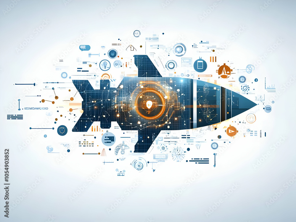 Aufkleber flat floating rocket icon digital path trail glowing mastery innovation forward thinking simple vect