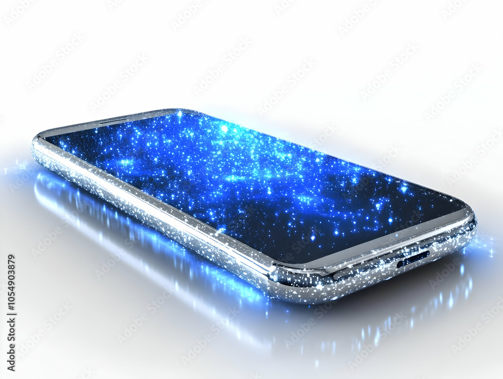 Poster flat floating smartphone holographic investment portfolio concept glossy smartphone hovering white s
