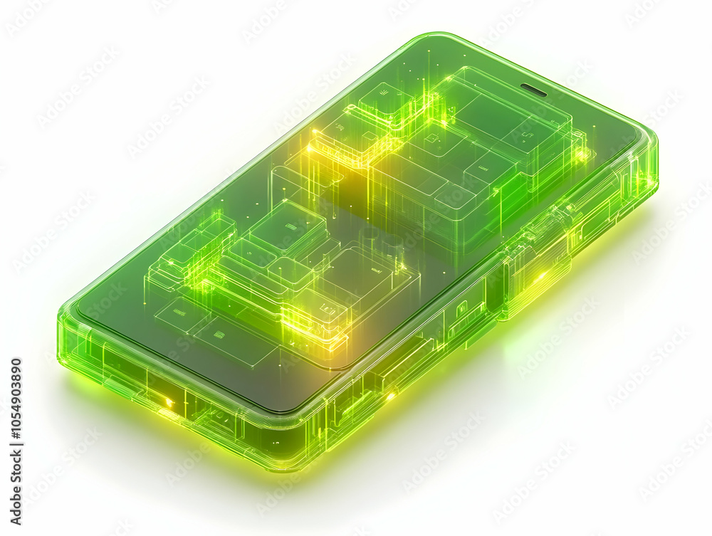 Poster holographic investment portfolio concept on flat floating smartphone in white space - glossy close-u