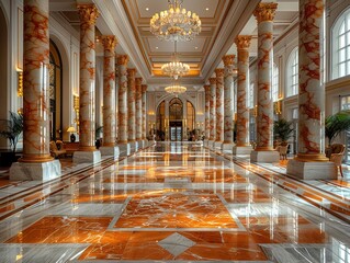 Obraz premium Luxurious interior featuring ornate columns and polished marble flooring.