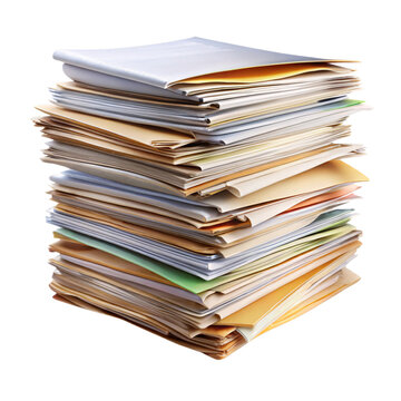A large stack of colorful folders, neatly piled high, containing various documents, set against a transparent background. The paper edges create a layered effect of organized chaos