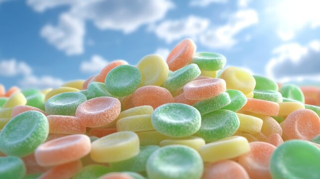 Pile of colorful candies against bright blue sky, sweet treat for sunny day