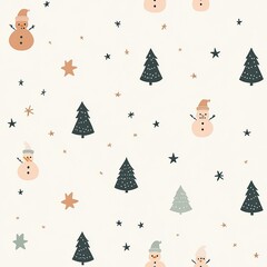 Cute Christmas Seamless Pattern with Snowmen  Christmas Trees and Stars
