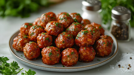 A Photo of Meatballs in Rich Tomato Sauce with Salt and Pepper Garnish, Highlighting a Delicious Homemade Meal, Comfort Food, and Traditional Cuisine with a Burst of Flavor
