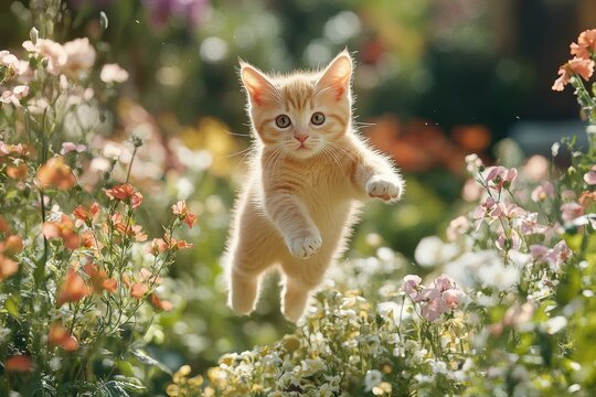 Adorable ginger kitten jumping in blooming summer garden