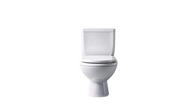 A standard, white ceramic toilet from a direct front angle, set against a transparent background. The simple, clean design emphasizes function and minimalism in everyday home fixtures