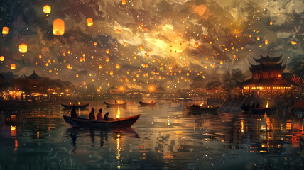 Procession of boats under traditional lantern-lit skies, with so