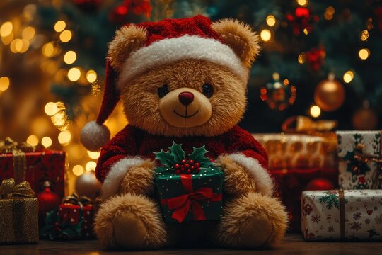 Cute teddy bear holding christmas gifts under christmas tree