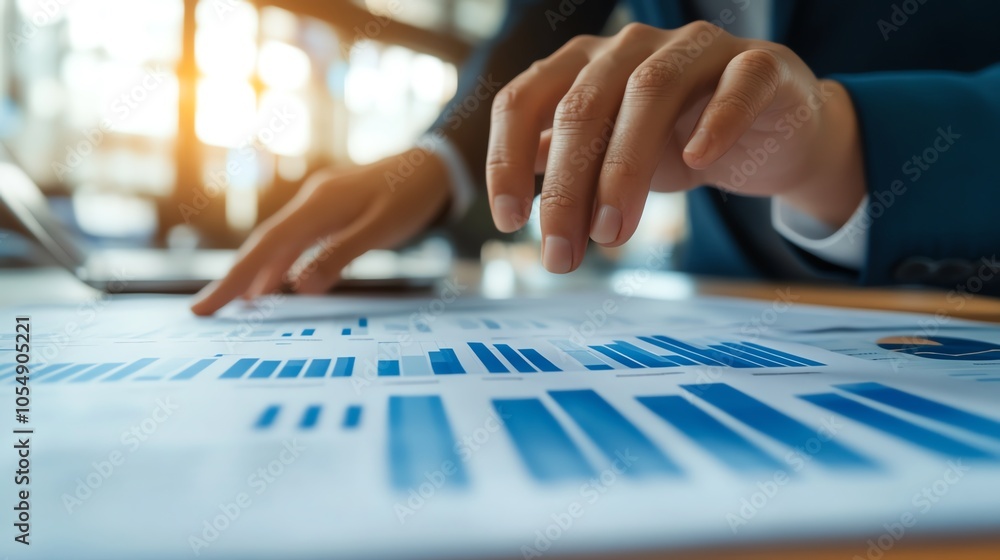 Aufkleber business professional analyzing financial documents with bar charts, focusing on investment strategi