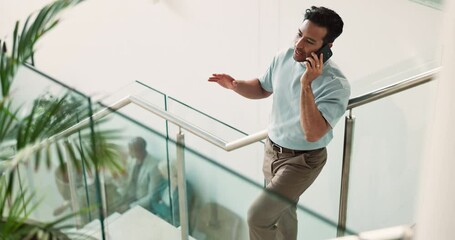 Business man, phone call and smile on stairs, office and listening with deal, networking or contact at HR company. Person, smartphone and talk on steps, excited and negotiation at recruitment agency