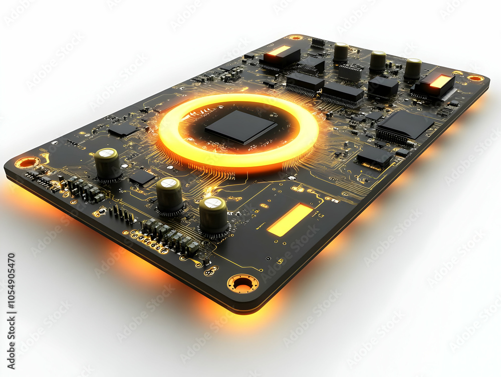 Poster flat glowing circuit board with floating power icon for technological innovation and energy trends i