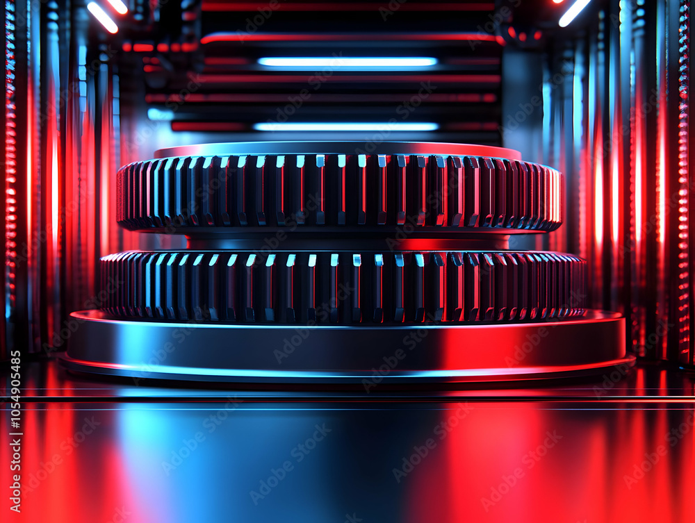 Poster flat glowing holographic gear rotating in virtual space, precision robotics illustration for enginee