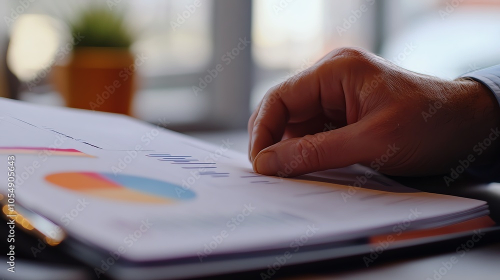 Aufkleber close-up of a hand analyzing charts and graphs on paper, showcasing financial data analysis in a mod