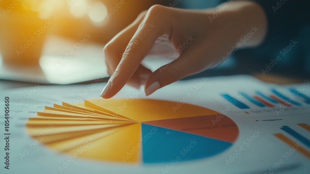 Aufkleber close-up of a hand analyzing colorful pie chart with sunlight. perfect for business, finance, and da
