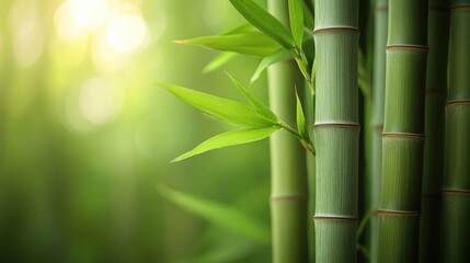 Green bamboo stalks growing in bright sunlight with blurred background