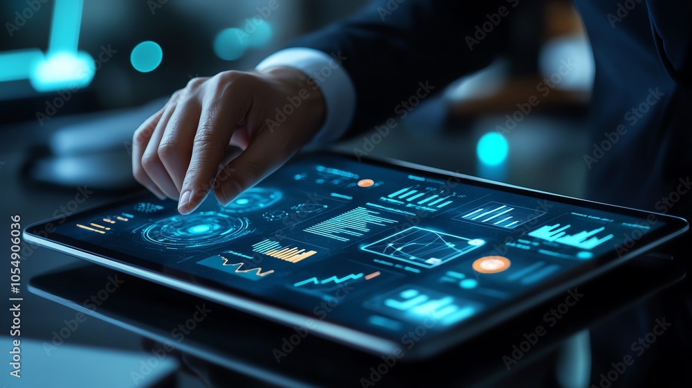 Poster close-up of a hand interacting with an advanced tablet displaying digital analytics and data visuali
