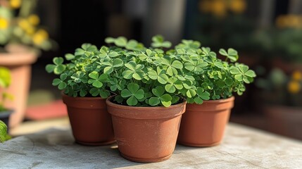 Lush green clover plants growing in terracotta pots on a sunny day