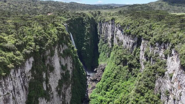 Canyon Of Itaimbezinho At Cambara Do Sul Rio Grande Do Sul Brazil. Cliffside Surrounded By Lush Green Forest Viewed From Above. Exotic Valley Farmland Beauty. Farmland Tropical Countryside.