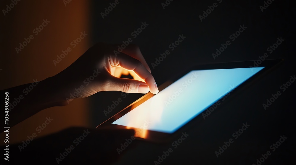 Poster close-up of a hand using a touchscreen tablet in the dark, highlighting technology interaction and i