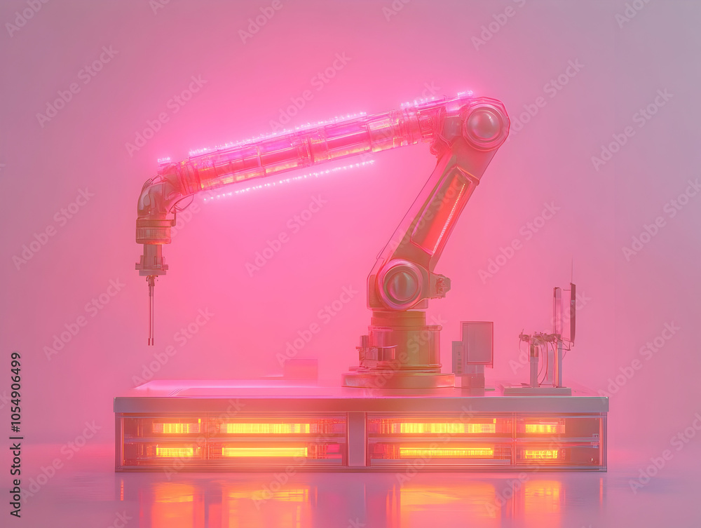 Poster flat holographic robotic arm hovering futuristic desk concept close-up tech proficiency tasks glowin