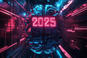2025 New Year futuristic concept with 2025 digits and brain on dark blue background. Innovation, intelligence, modern technology, and trends. 