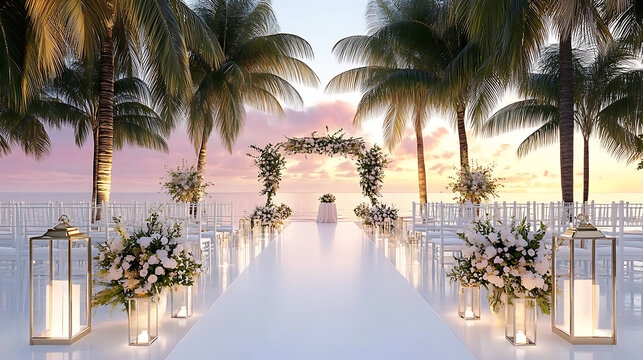 beautiful seaside ceremony with palm trees, flowers, and lanterns