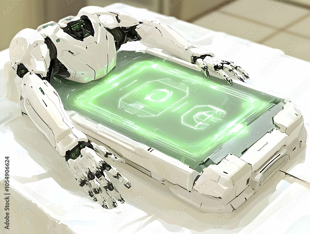 Aufkleber flat holographic robotic arm hovering over futuristic desk concept - close-up of floating robotic ar