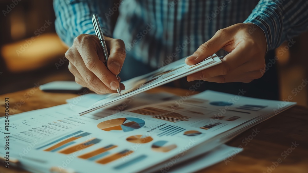 Aufkleber close-up of a person analyzing business reports with charts and graphs. hand using a pen to review f