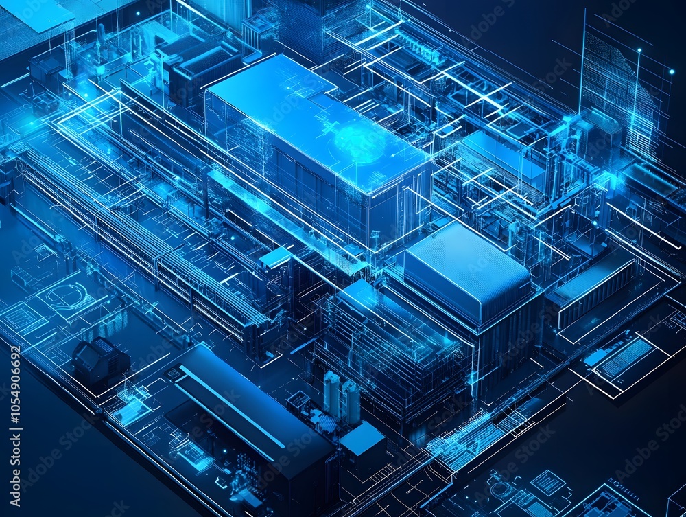 Poster a futuristic digital blueprint featuring interconnected structures and glowing lines, representing a